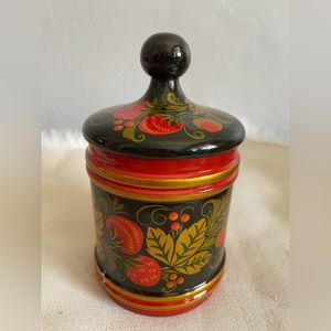 Vintage Russian Khokhloma wooden canister. Beautiful vibrant gold interior.
